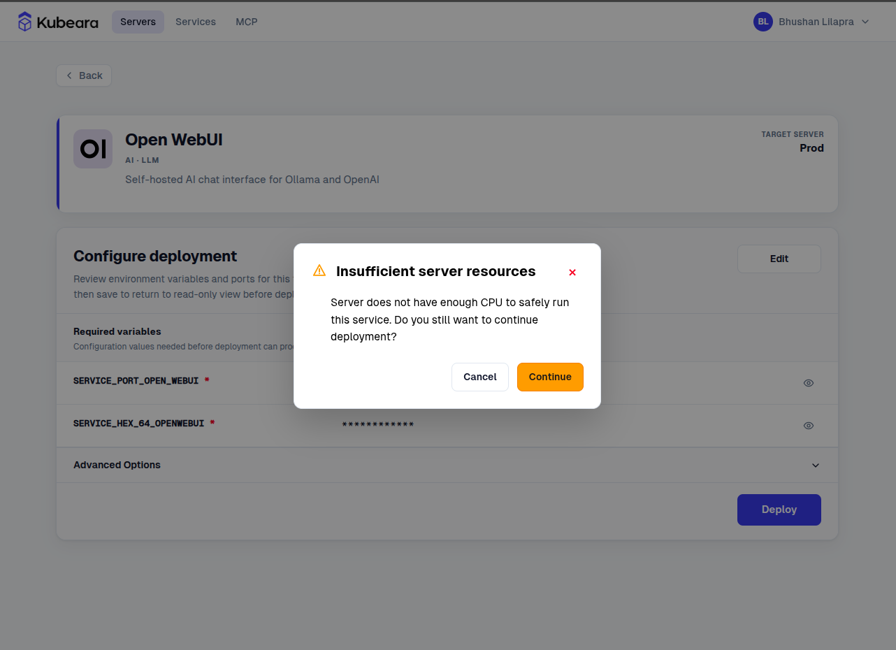 Kubeara resource validation warning before deploying a service